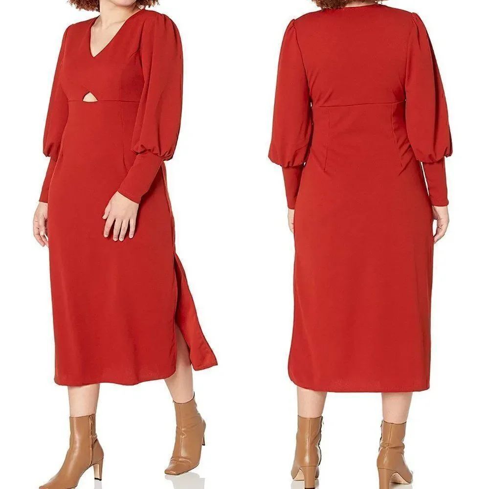 Balloon Sleeve Keyhole Side Slit Midi Dress SIZE L NWT - Picture 2 of 10